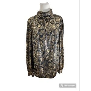 Vtg Lauren Lee Shiny Black Gold Foil Geometric Print Long Sleeve Blouse Size M/L
